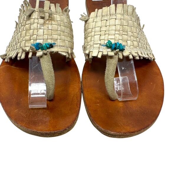 Henry Cuir Slide Sandals Leather‎ Woven Rattan Beaded Tan Brown Size 38 US 8 - Picture 10 of 13